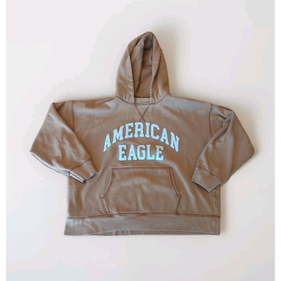 American Eagle Hoodie Sweatshirt Mens Small Brown Tan Spell Out VTG Y2K - Picture 1 of 8